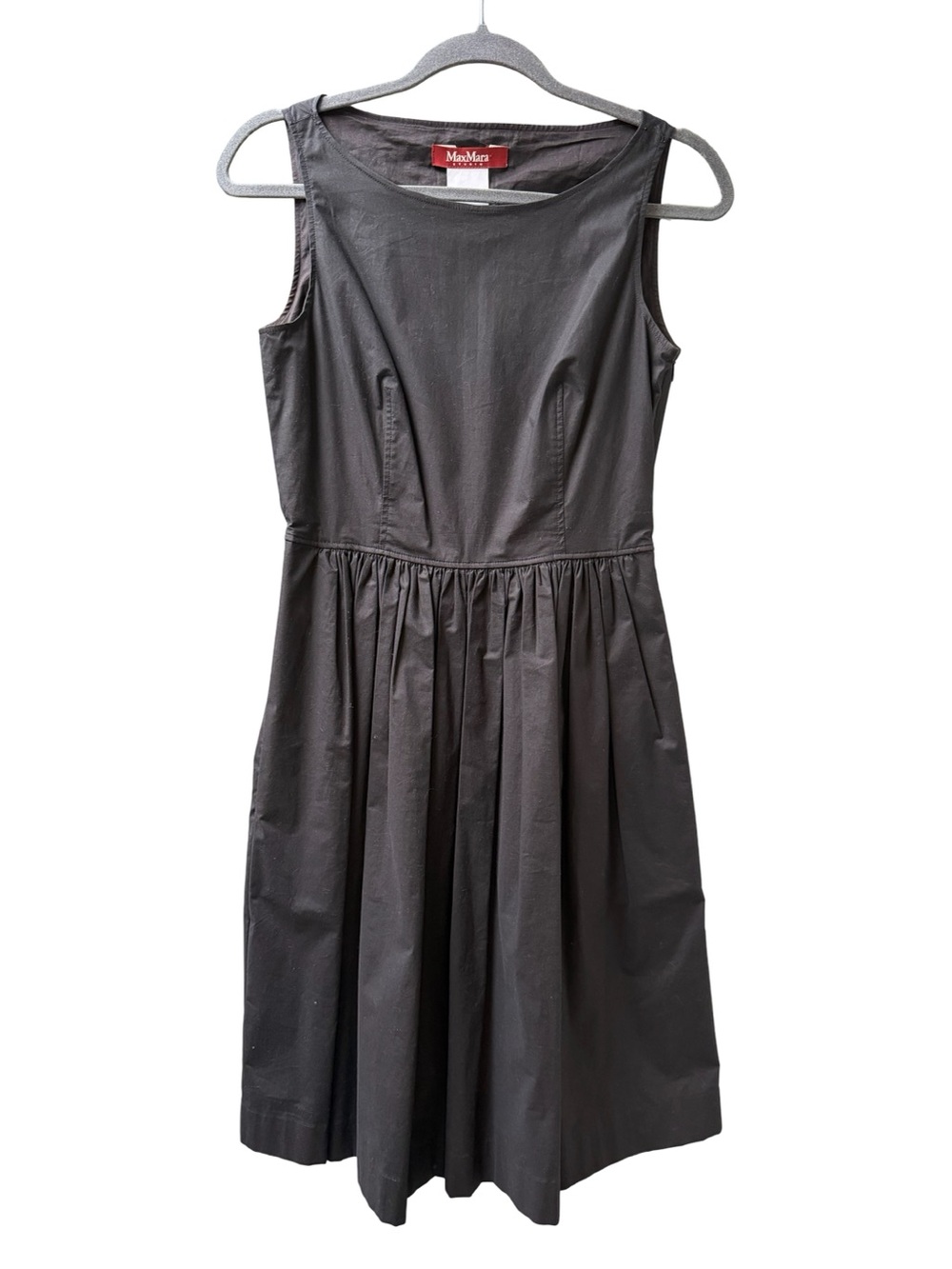 MaxMara Black Sleeveless Gathered-Waist Cotton Dress